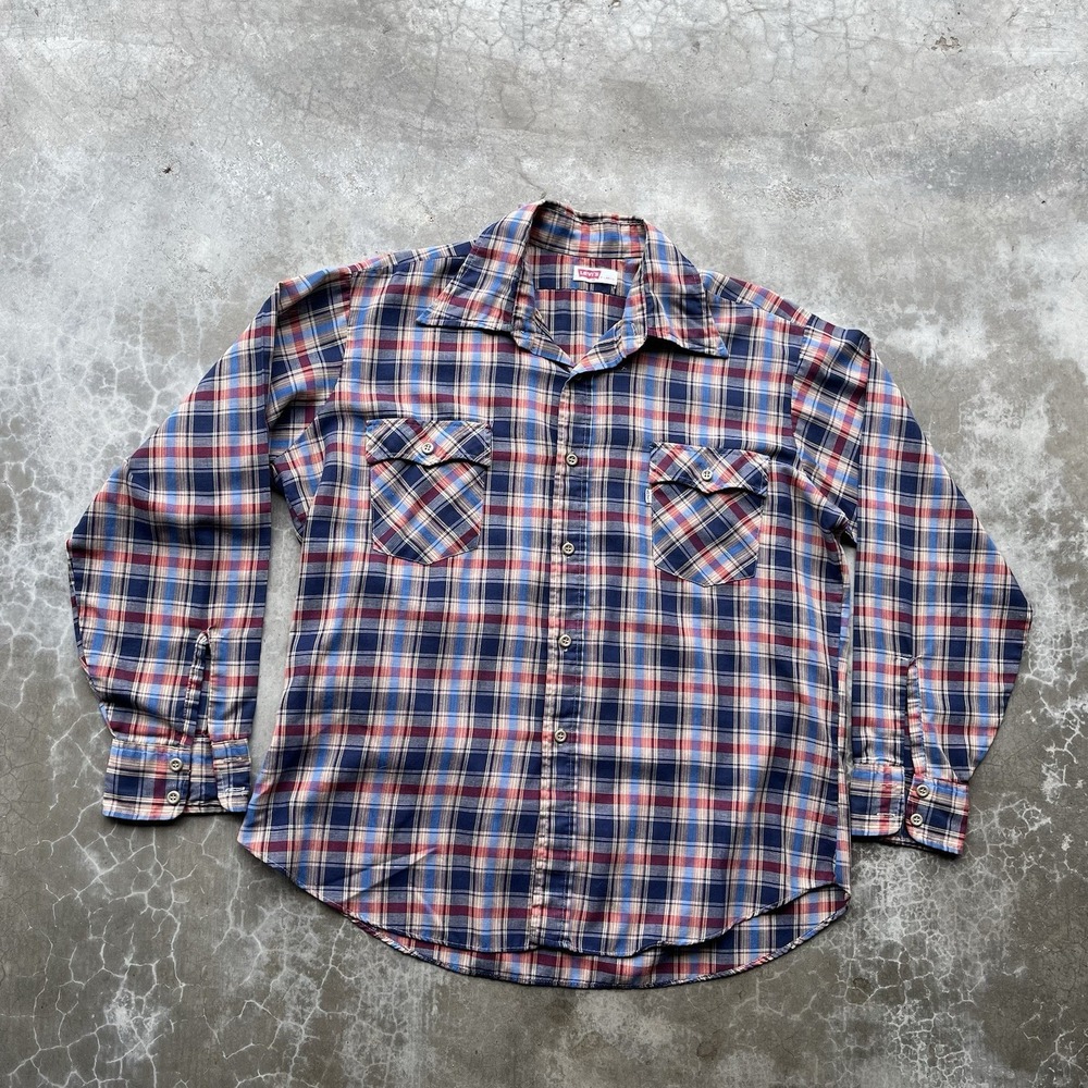 True Vintage 70's Levi's Plaid Button Up Western Big Collar Dress Shirt USA XL